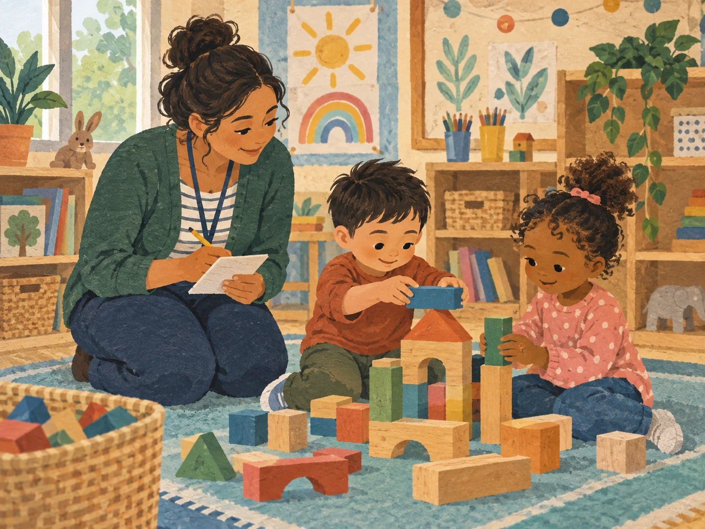 Illustration of an educator observing two preschool children building with blocks