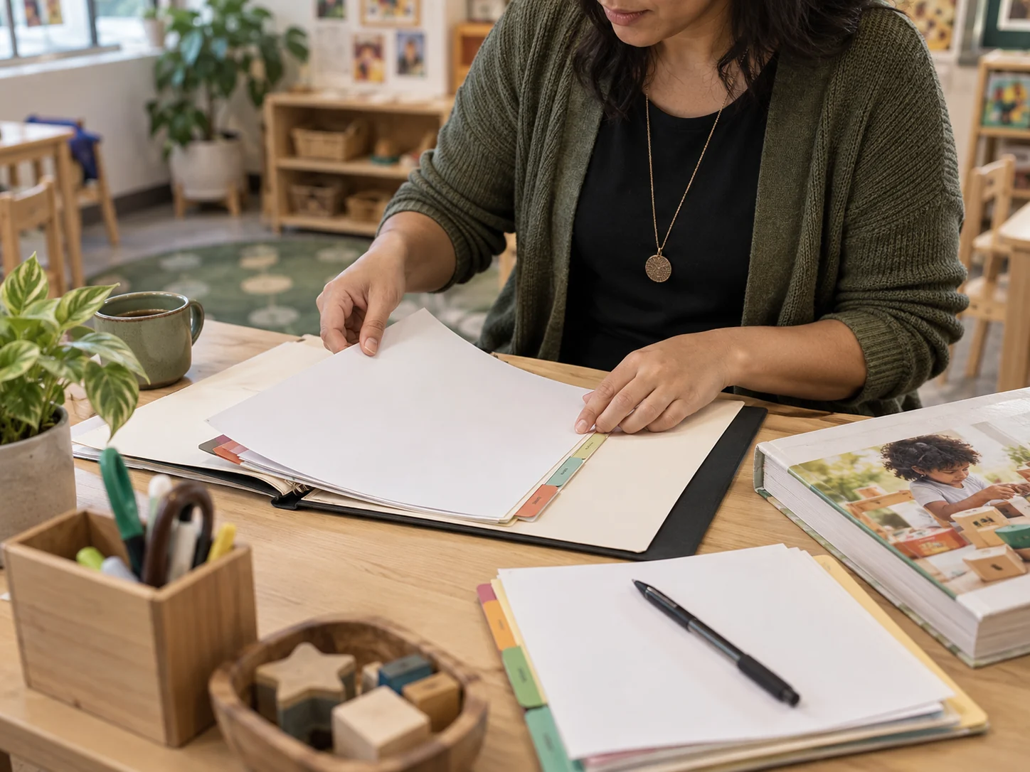 Early childhood educator organizing a CDA professional portfolio at a classroom worktable