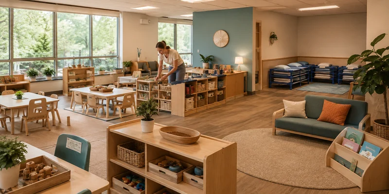 Organized daycare classroom with child-sized tables, open storage, bookshelf and nap cots