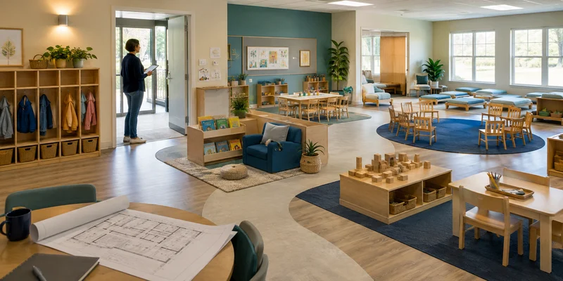 Daycare classroom with clear learning zones, circulation paths and open sightlines