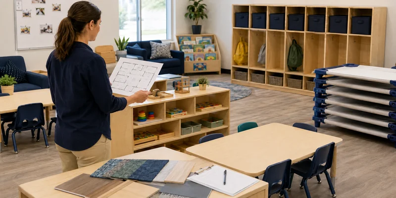 Daycare owner comparing tables, chairs, storage cubbies and nap cots using a floor plan