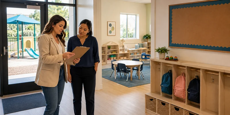 Daycare owner and educator reviewing a pre-opening classroom walkthrough