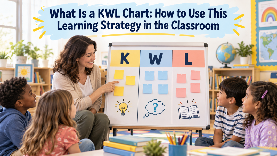 Blog banner with the title “What Is a KWL Chart: How to Use This Learning Strategy in the Classroom” above a teacher and children using a KWL chart