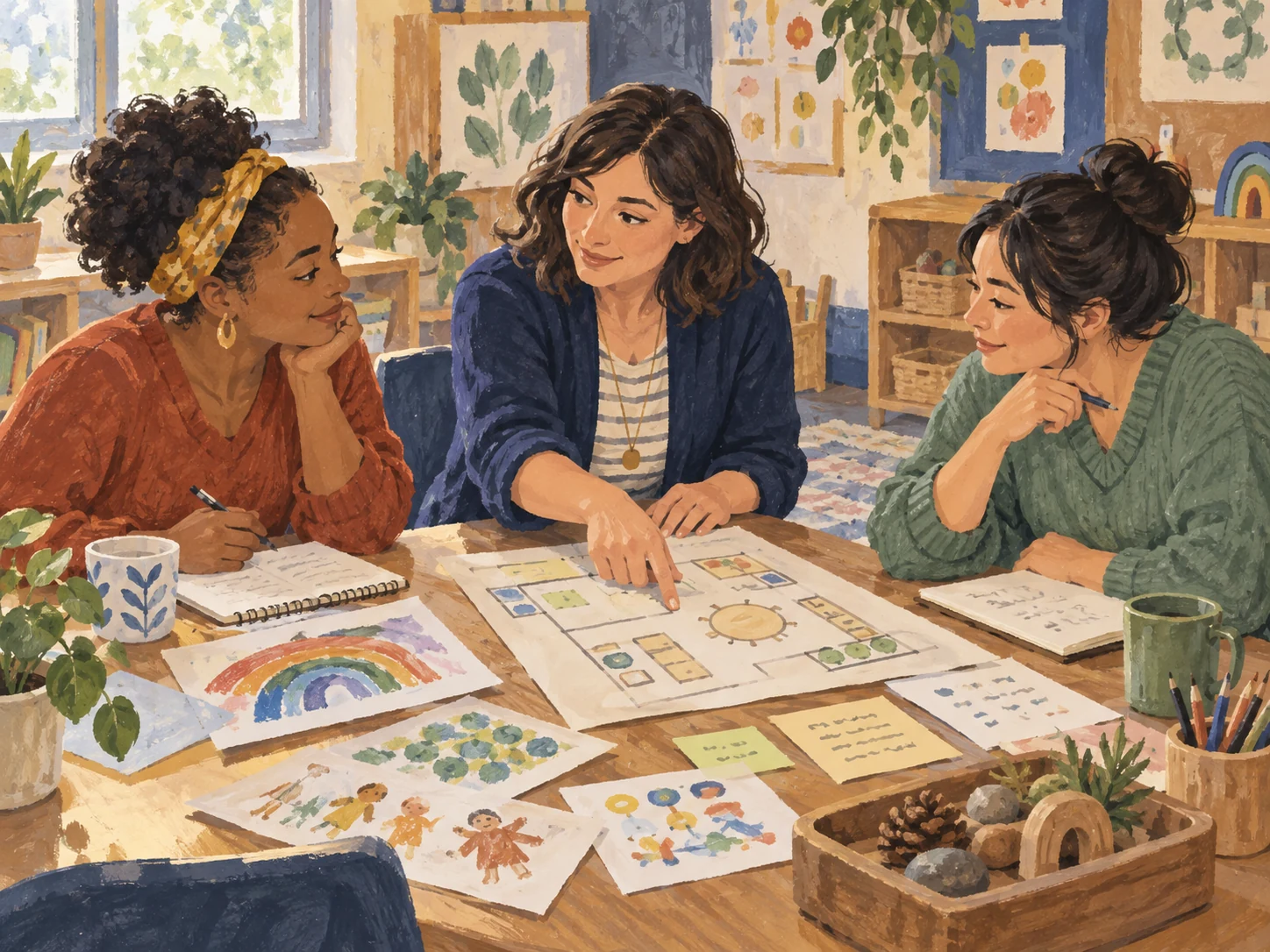 Hand-painted illustration of three preschool educators reviewing child observations and planning classroom activities