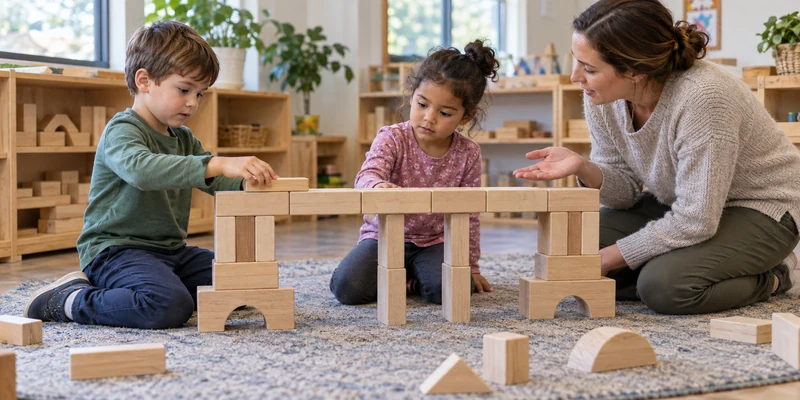 Preschool children building and comparing a block structure with an educator