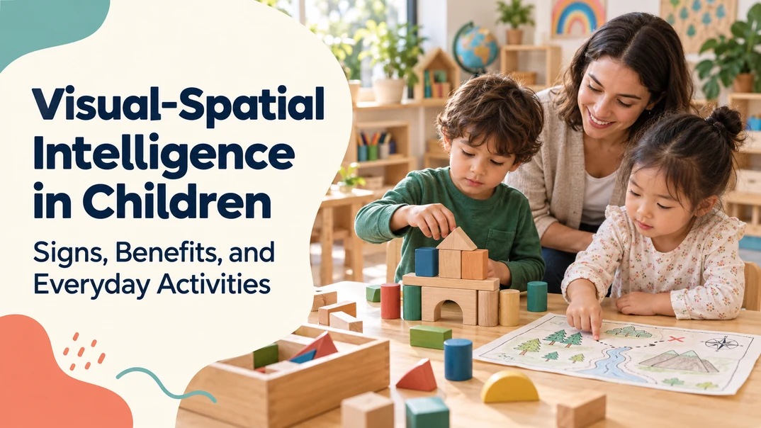 Preschool children exploring blocks, shapes, and a simple map in a bright learning space