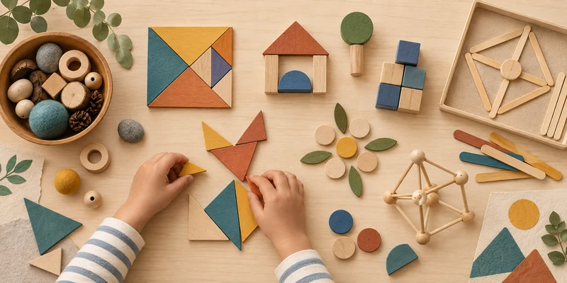 Preschool children using loose parts and shapes to create a three-dimensional model