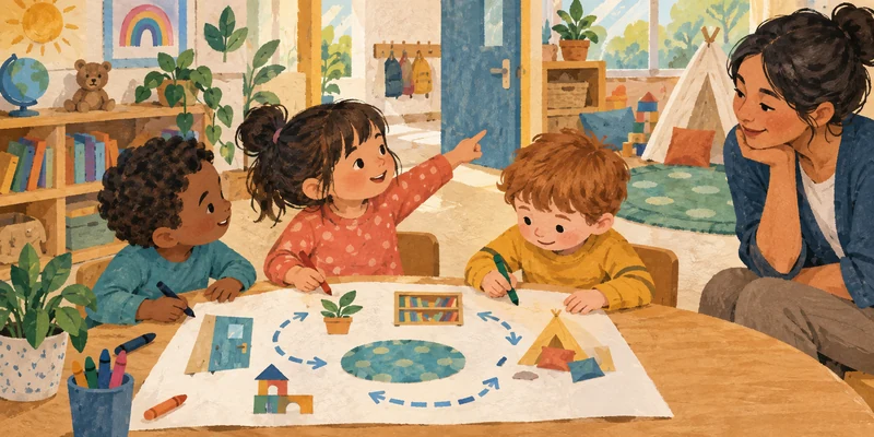 Preschool children creating a simple classroom map with landmarks and pathways