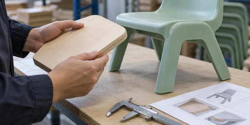 Hands inspecting a rounded plywood panel beside a molded plastic classroom chair and caliper