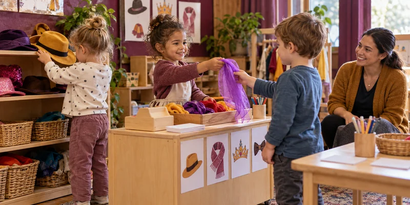 Children exchanging a fabric scarf at a classroom pretend costume shop