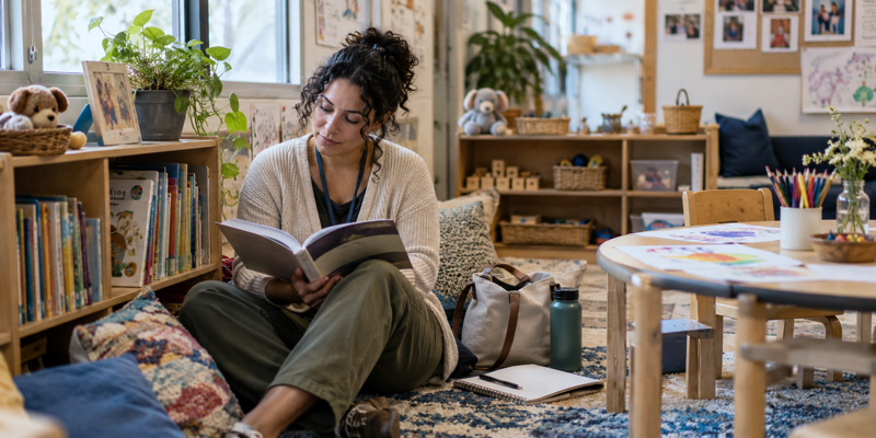 Early-childhood educator studying in a real preschool reading corner