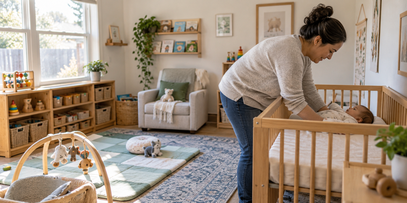 Caregiver settling an infant safely in a calm, home-like daycare room