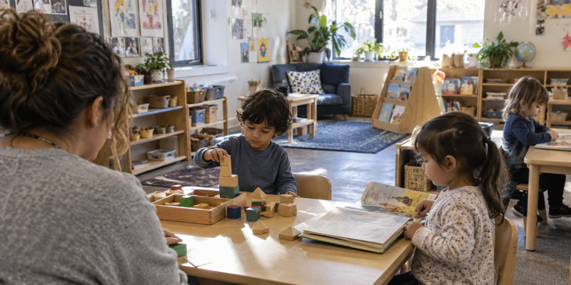 Preschool classroom with a teacher and children engaged in natural learning activities