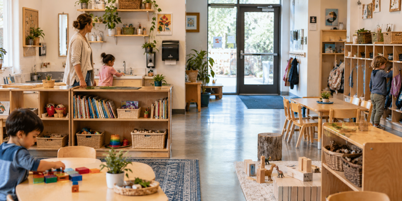 Real daycare classroom with child-height sink, open shelves, cubbies, and clear safety pathways