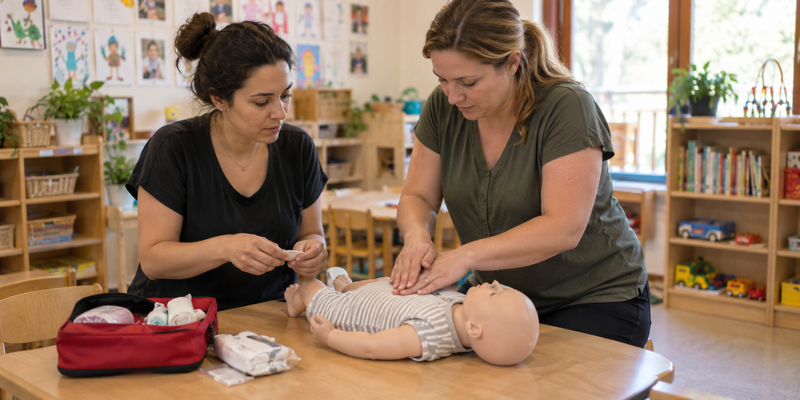 Daycare educators practicing pediatric first aid with a training mannequin in a preschool classroom