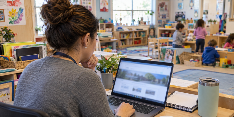 Daycare administrator reviewing licensing information in a real preschool classroom