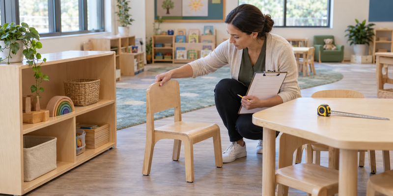 Daycare director inspecting a child-sized chair and low storage before approving a furniture order