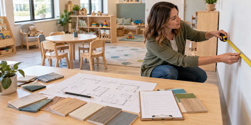 Daycare director measuring a classroom and reviewing a furniture floor plan