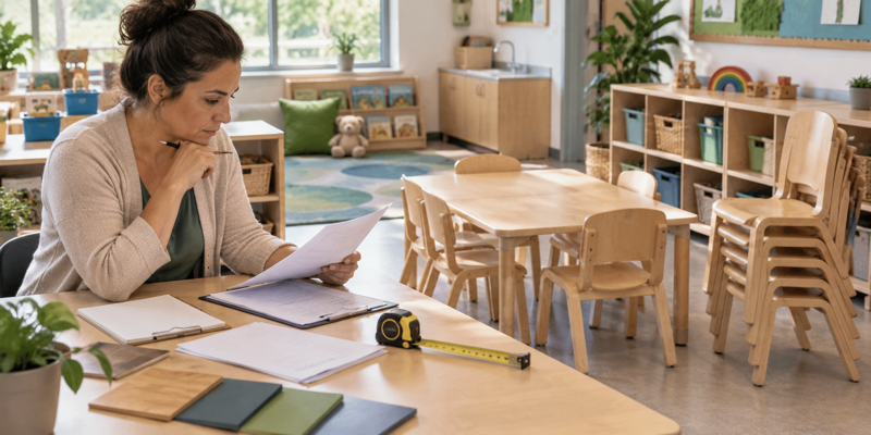 Daycare buyer reviewing a room-by-room furniture quote beside tables, chairs, and storage