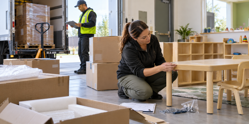 Daycare furniture cartons and packaging being inspected before delivery