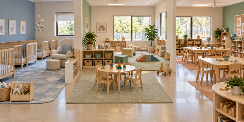 Infant, toddler, and preschool daycare room zones with age-appropriate furniture