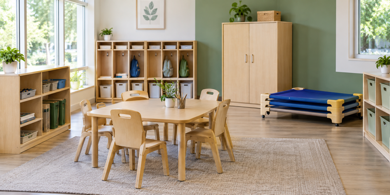 Daycare classroom showing tables, chairs, shelving, cubbies, cot, and teacher storage