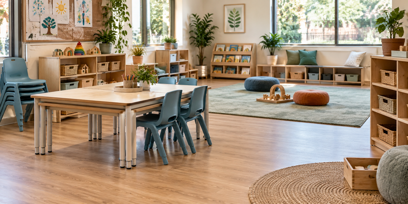 Flexible daycare classroom with nesting tables, stackable chairs, and open space for phased additions