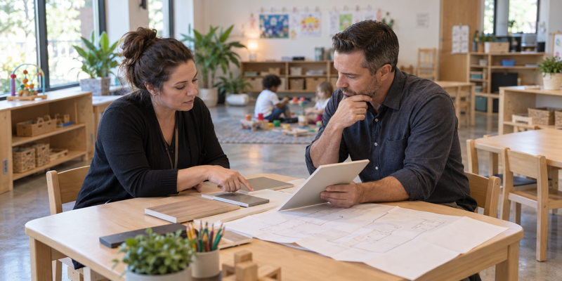 Daycare director and furniture supplier reviewing product samples and a classroom floor plan