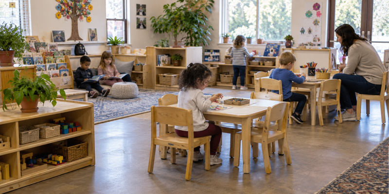 Preschool classroom with child-sized tables, low shelves, clear paths, and a teacher supervising children