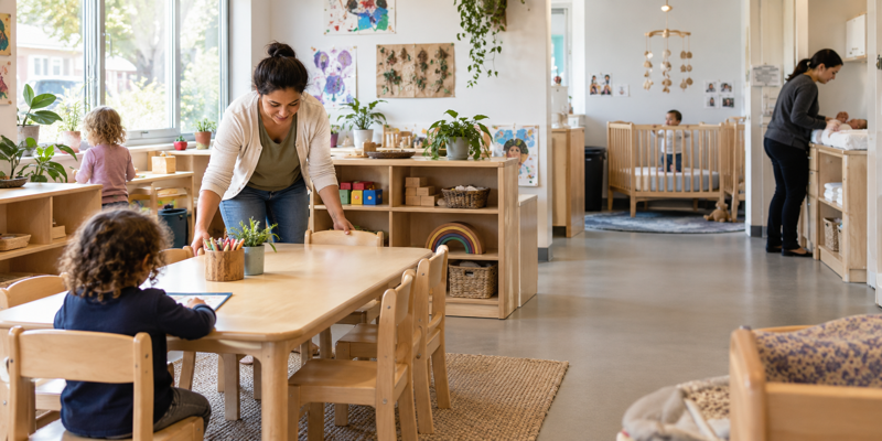 Preschool classroom showing tables, low storage, and a separate infant-care furniture area