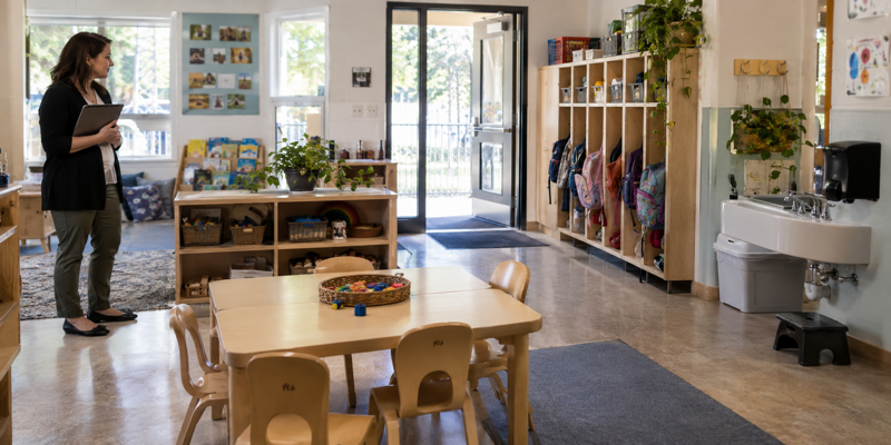 Daycare classroom with child-sized tables, storage, handwashing sink, and a clear route to the door