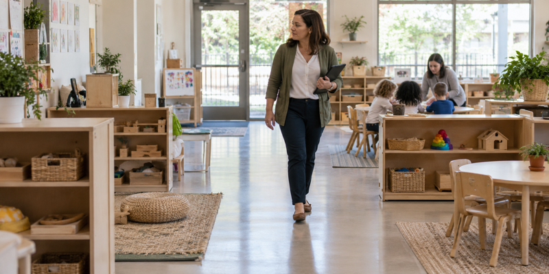 Daycare director checking clear paths and supervision sightlines in a preschool classroom