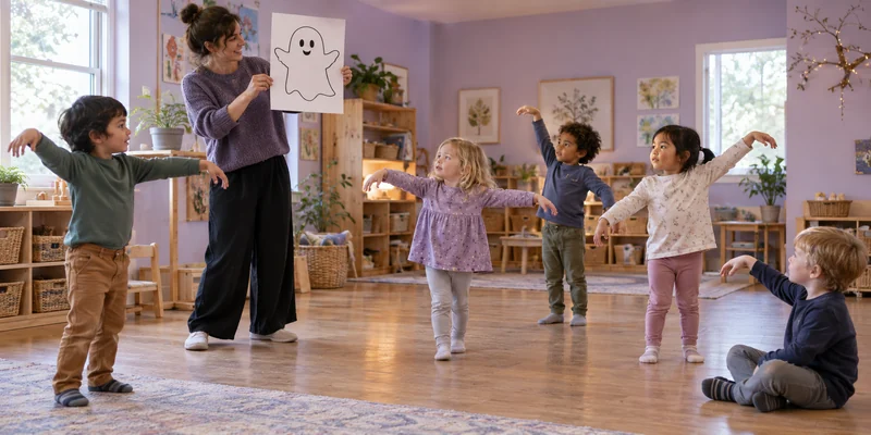 Preschool children floating their arms as a teacher holds a friendly paper ghost