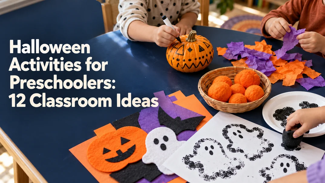 Halloween Activities for Preschoolers: 12 Classroom Ideas, with children making pumpkin and ghost art