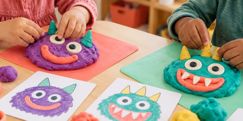 Children shaping colorful dough into friendly monster faces on reusable mats