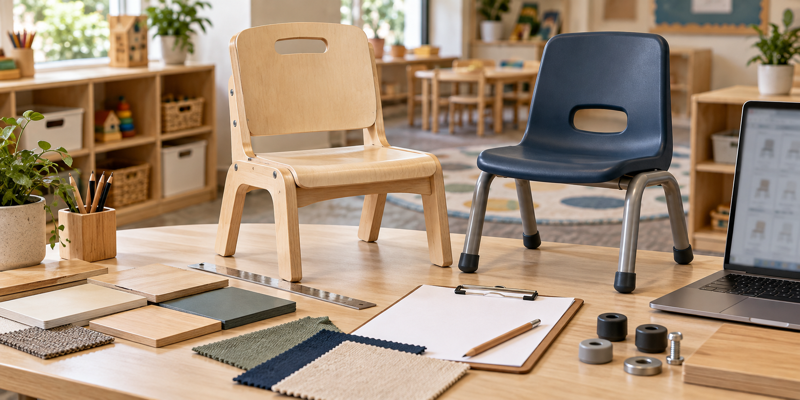 Buyer comparing preschool chair samples, material swatches, ruler, and furniture specifications