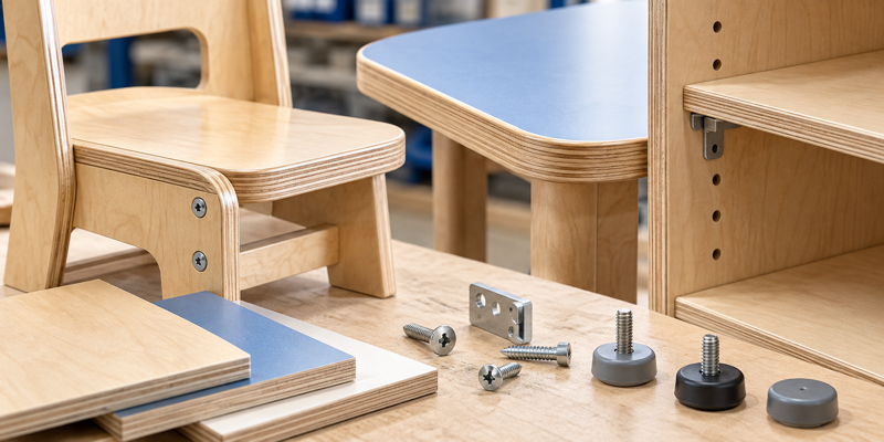 Close view of preschool chair joints, rounded table edges, shelf hardware, and replacement glides