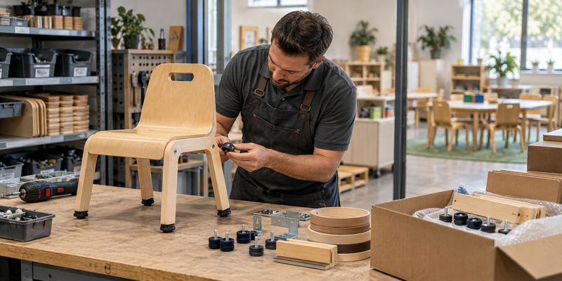 Furniture service bench with preschool chair, replacement glides, shelf hardware, and packaging materials