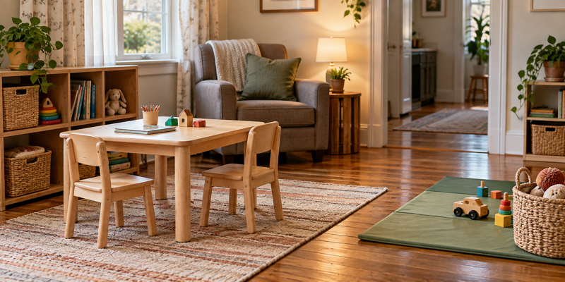 Small home childcare corner with residential child-sized table, chairs, compact storage, and open play space