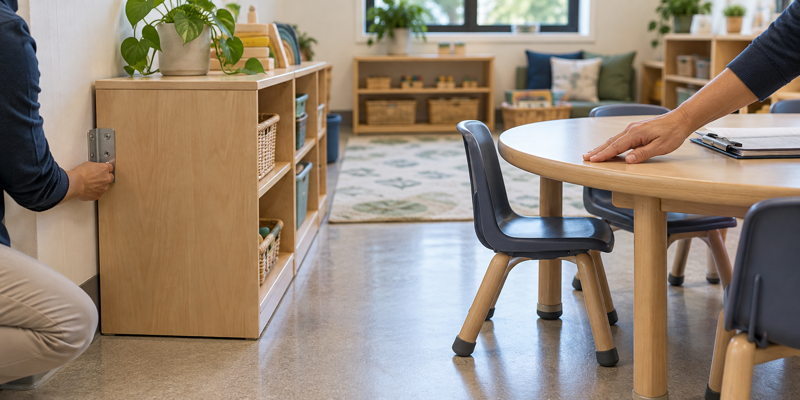 Adult inspecting an anchored low storage unit, rounded table edge, and stable chair legs in a preschool classroom
