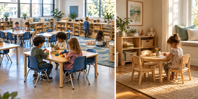 Split view of a busy preschool classroom and a small home childcare space with different furniture arrangements