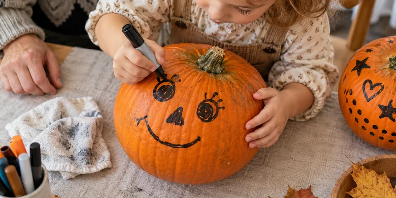 Child drawing a friendly face on an intact pumpkin with a washable marker