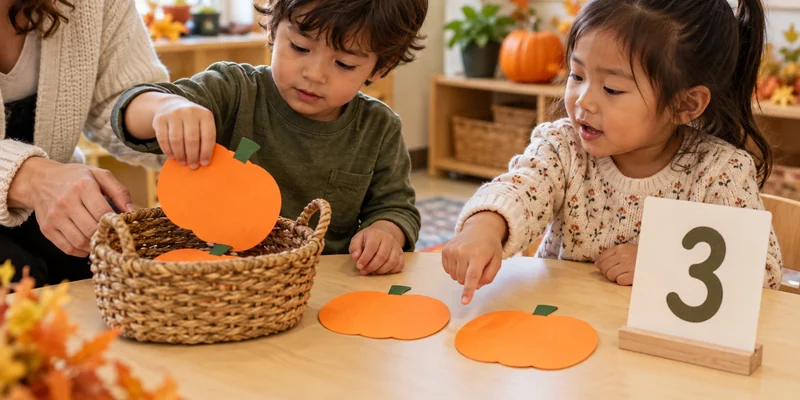 Children counting large paper pumpkins into a basket beside a number card