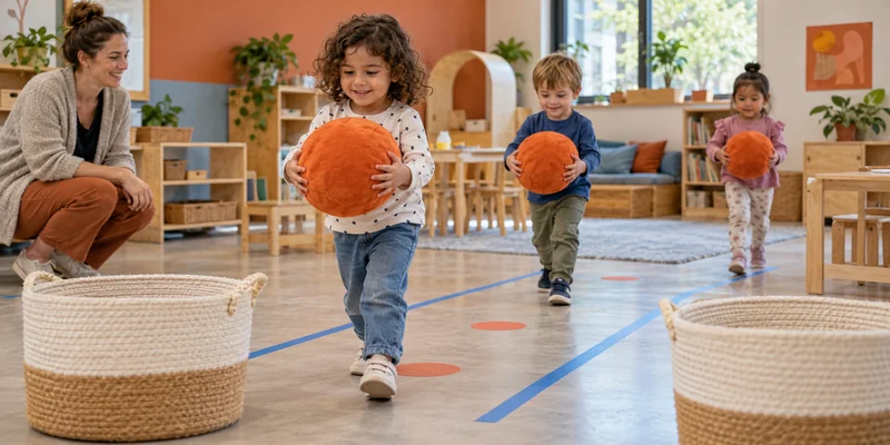 Children carrying soft orange balls along a clear classroom path toward baskets