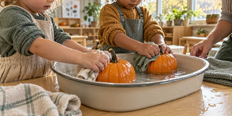 Preschool children washing intact pumpkins in a shallow basin with cloths