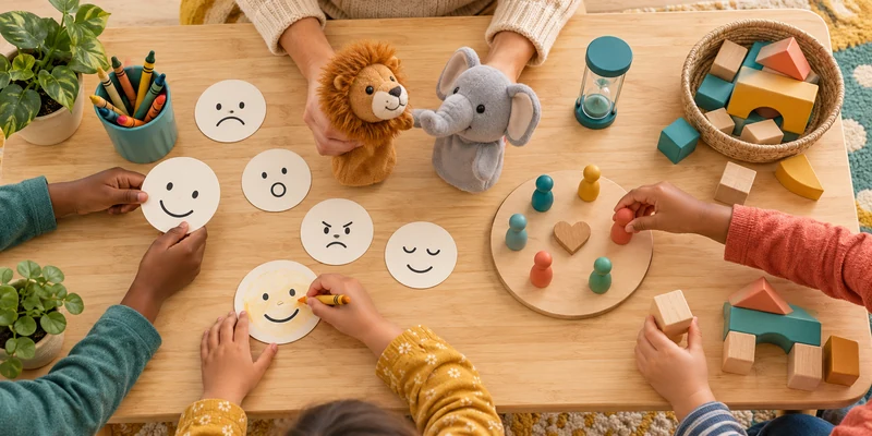 Preschool children using puppets, emotion faces, a timer, and blocks for social emotional activities