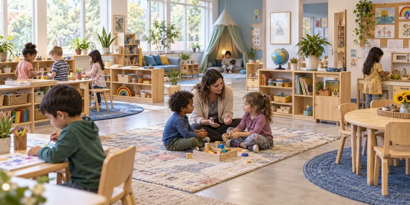 Preschool classroom with low storage, clear pathways, and teacher-supported cooperative play