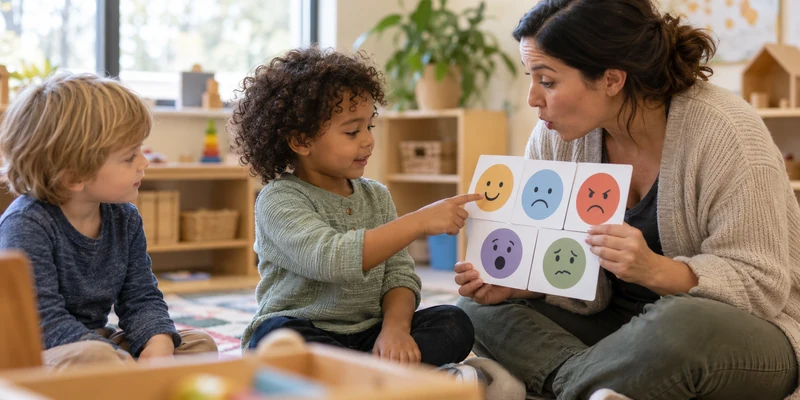 Preschool child identifying feelings with an attentive teacher using emotion cards