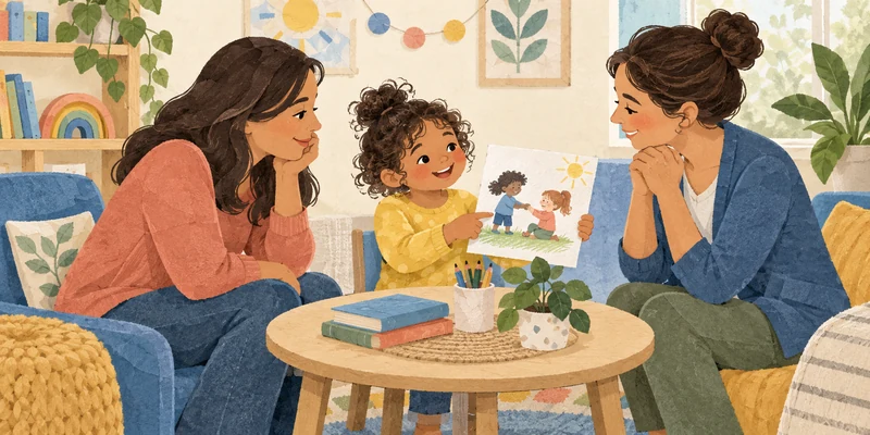 Parent, teacher, and preschool child discussing friendship and problem-solving together