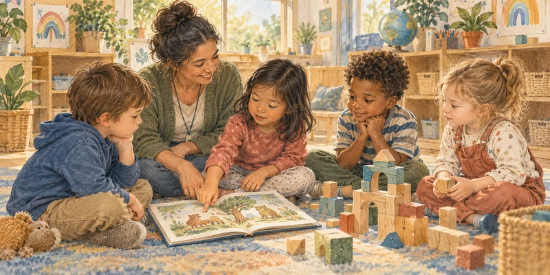 Preschool teacher and children building and learning together through responsive interaction